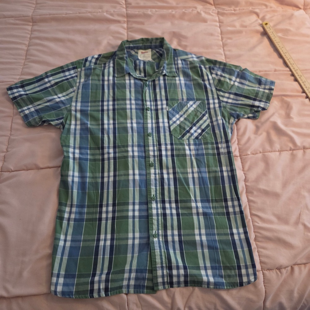 Levi Strauss & Co Mens Large Green Blue Plaid Short Sleeve Button Down Shirt